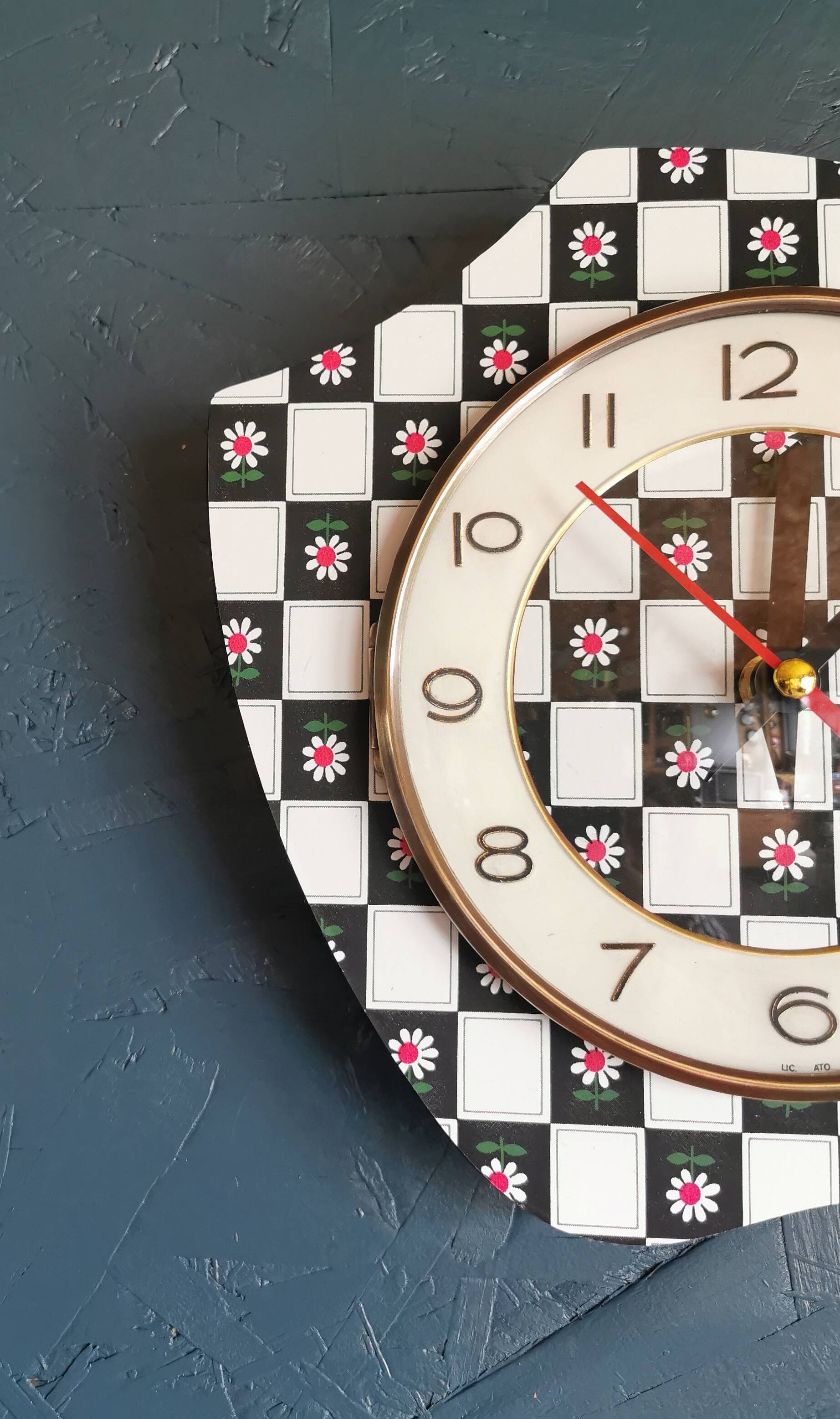 Vintage silent asymmetrical wall pendulum clock "Black and white checkered flowers"