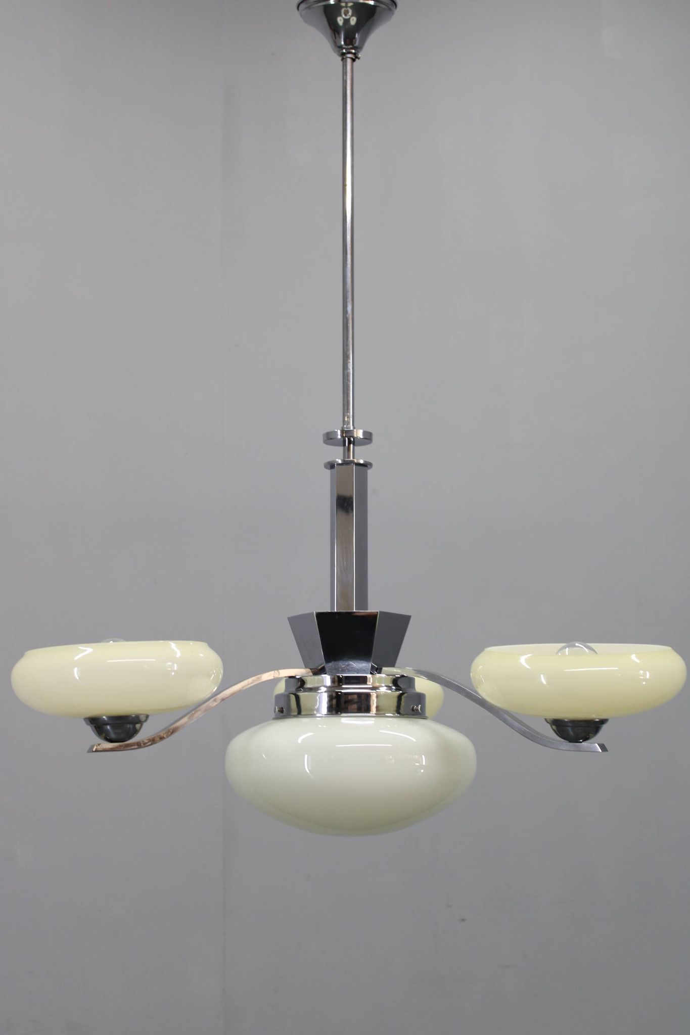 1930s Czech Art Deco chrome chandelier with cream opaline glass shades