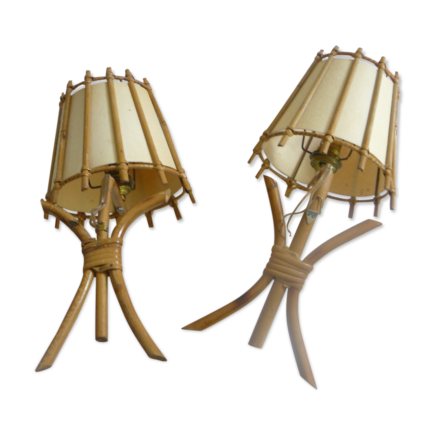 Pair of vintage rattan wall lamps with lampshade