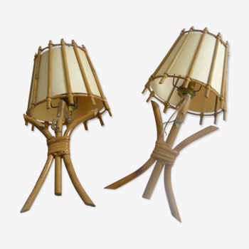 Pair of vintage rattan wall lamps with lampshade