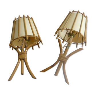Paire appliques vintage en rotin avec abat jour