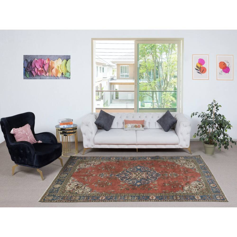 Vintage Handmade Turkish Wool Area Rug with Medallion Design