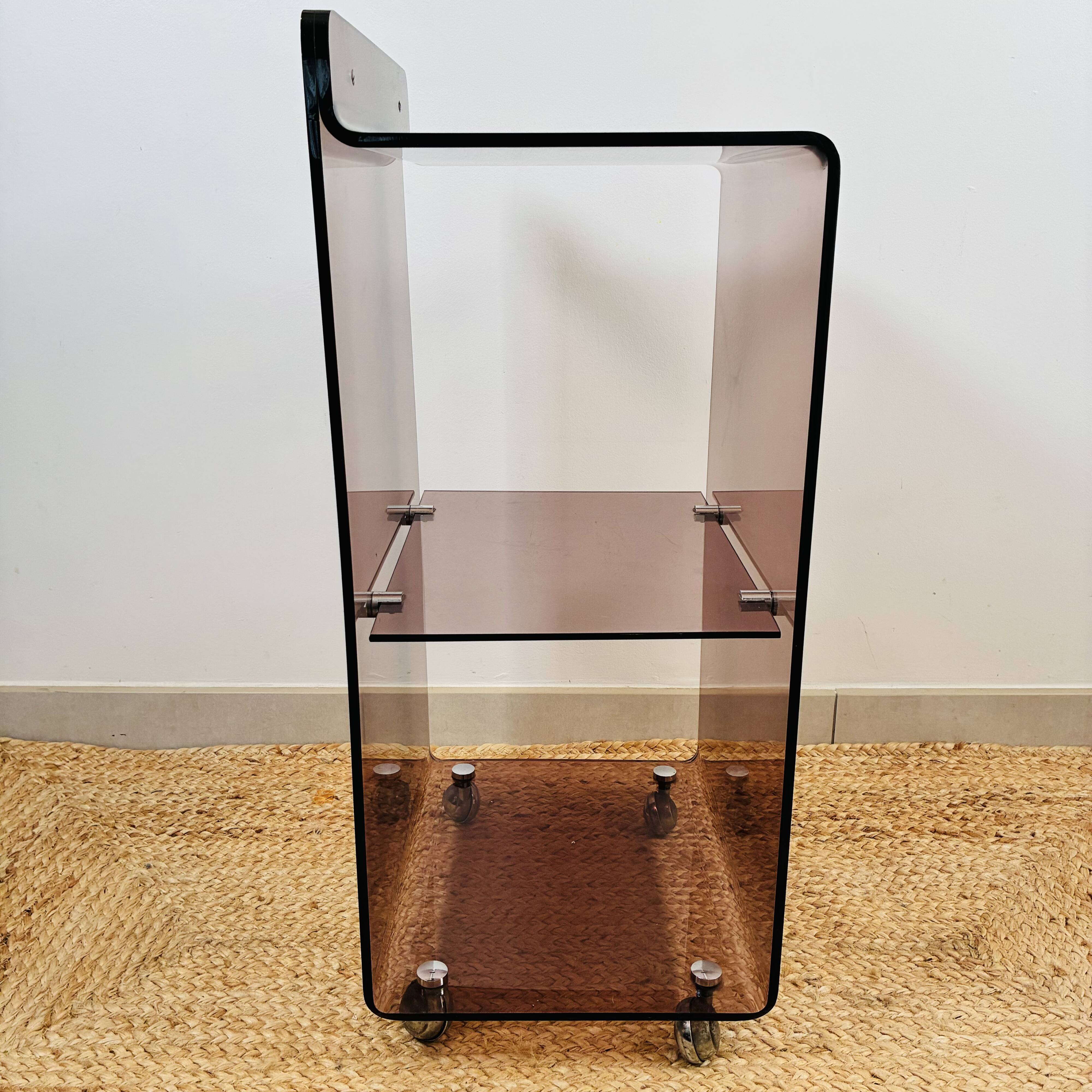 Vintage dessert table by Eric Maville in smoked Plexiglas and chrome, Roche Bobois 1970.