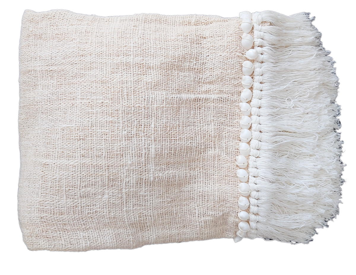 White Aussa plaid with fringe and shells