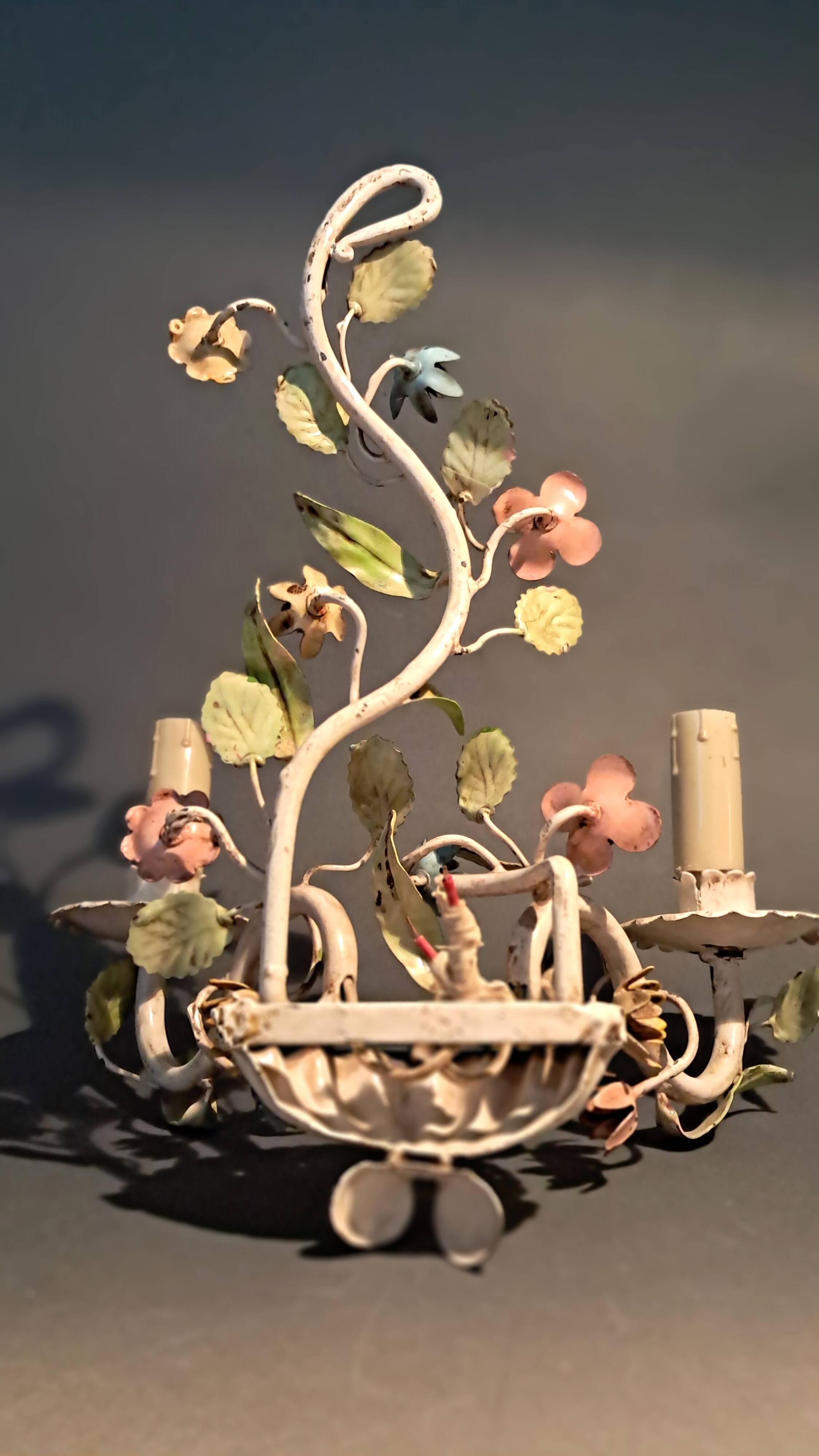 Two-light polychrome painted wrought iron wall lights, Italy 1950/1960.