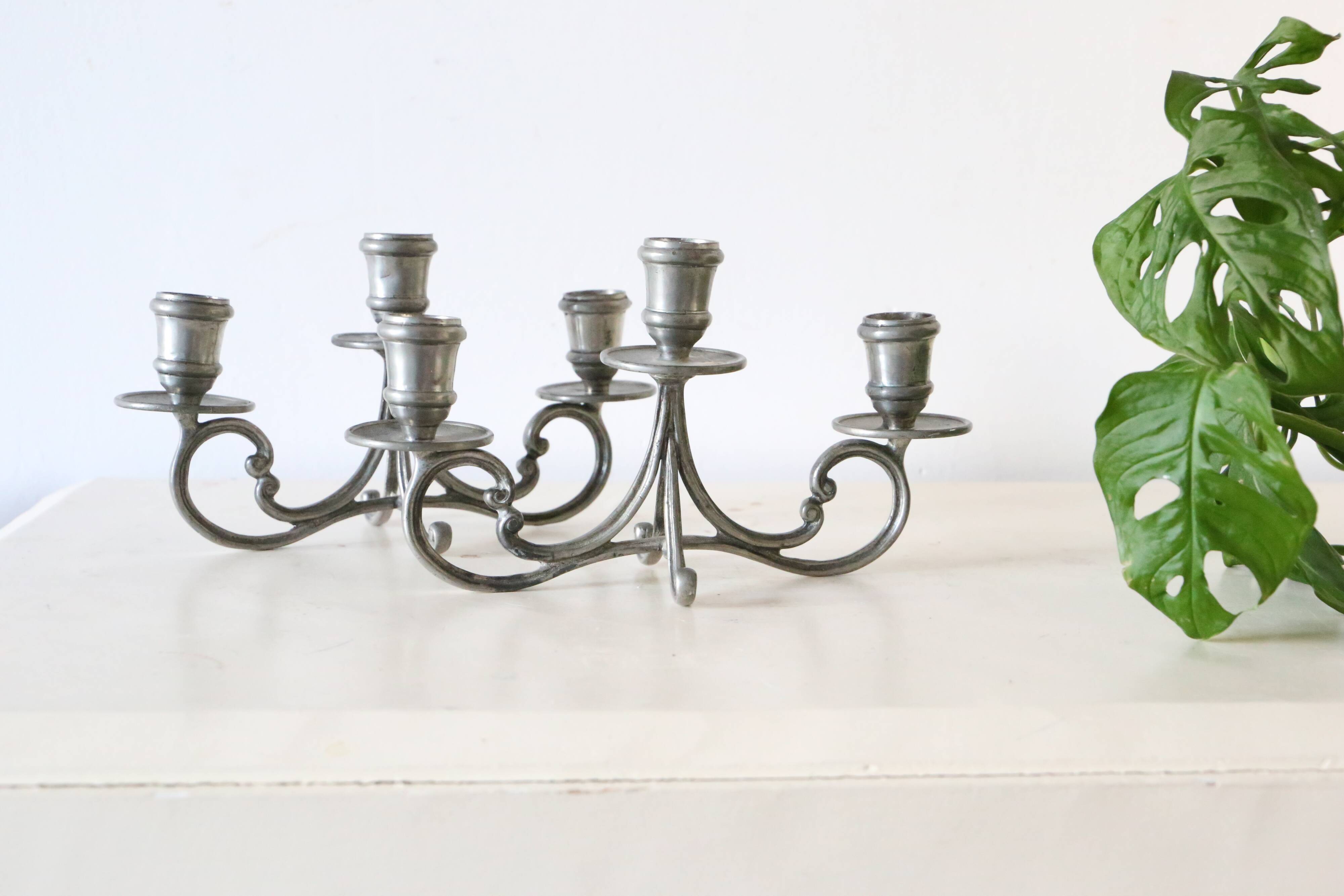 Duo of tin candlesticks, 3 lights, Gothic motifs, vintage