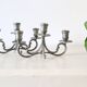 Duo of tin candlesticks, 3 lights, Gothic motifs, vintage
