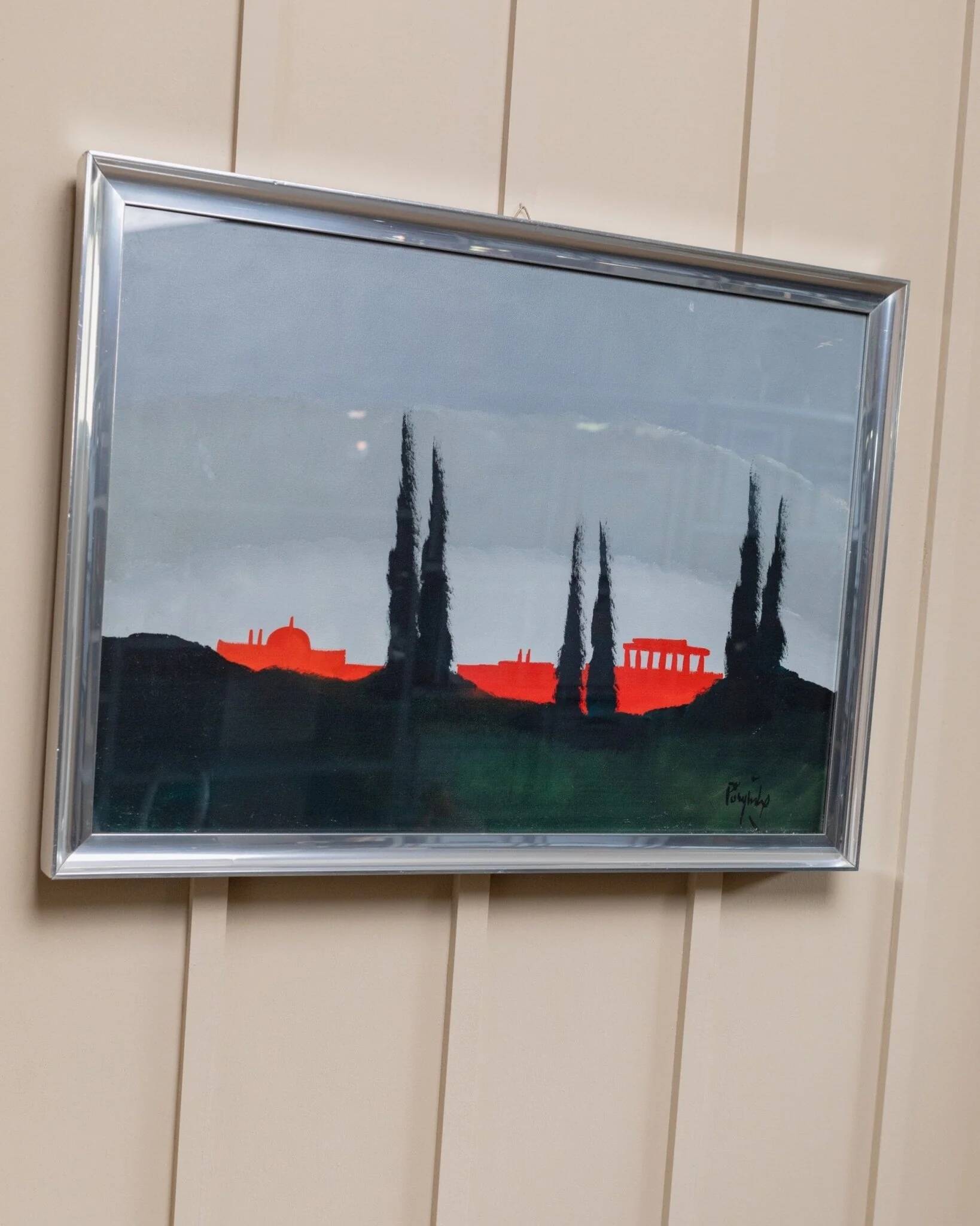 Peinture acrylique bleue sur toile par Vittorio Postiglione - skyline de Rome, cadre argenté, vintage des années 1980.