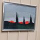 Peinture acrylique bleue sur toile par Vittorio Postiglione - skyline de Rome, cadre argenté, vintage des années 1980.
