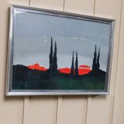 Blue acrylic on canvas painting by Vittorio Postiglione - Rome skyline, silver frame, vintage 1980s
