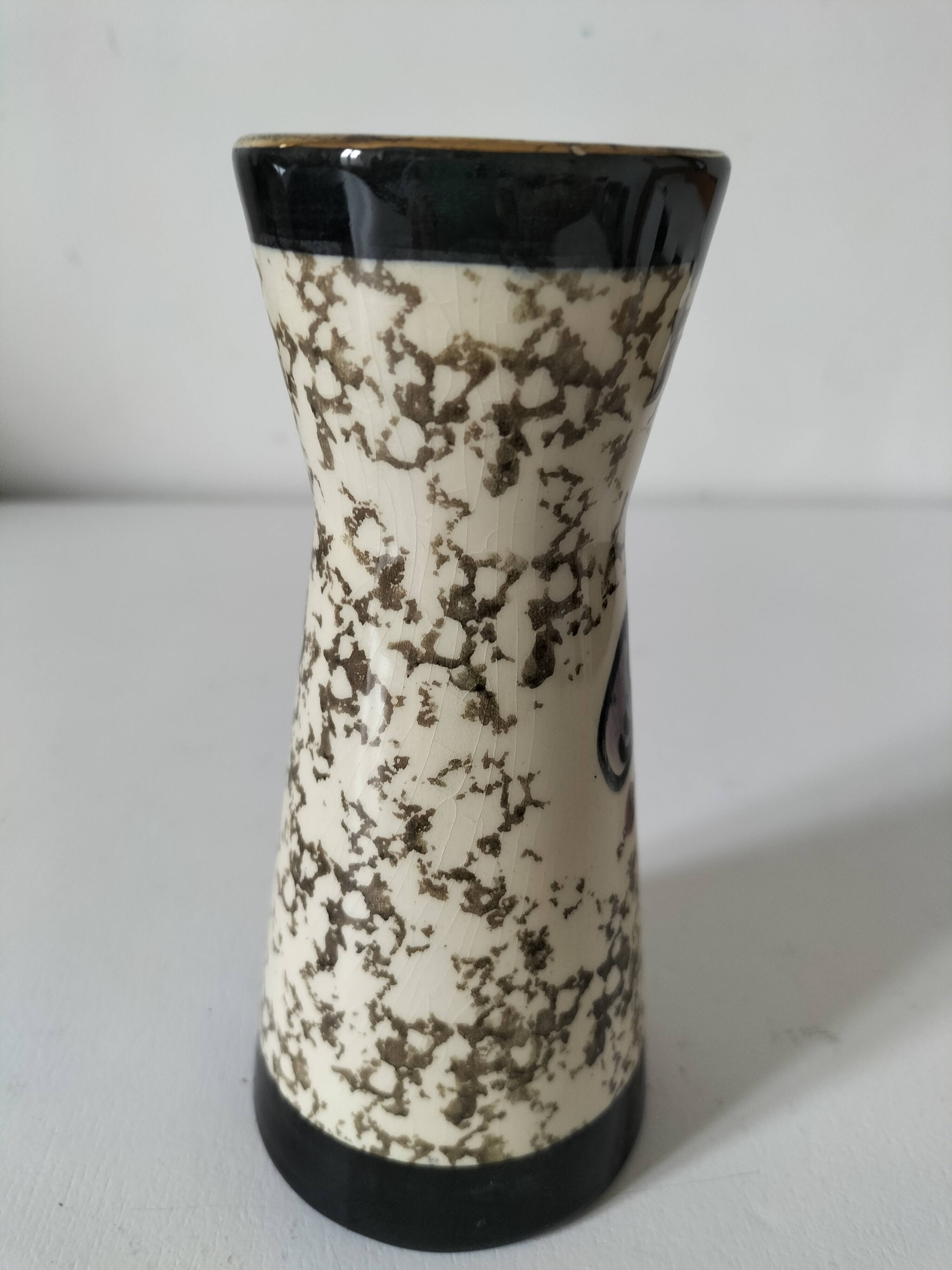 Vintage cream ceramic vase with purple floral decoration and gold highlights