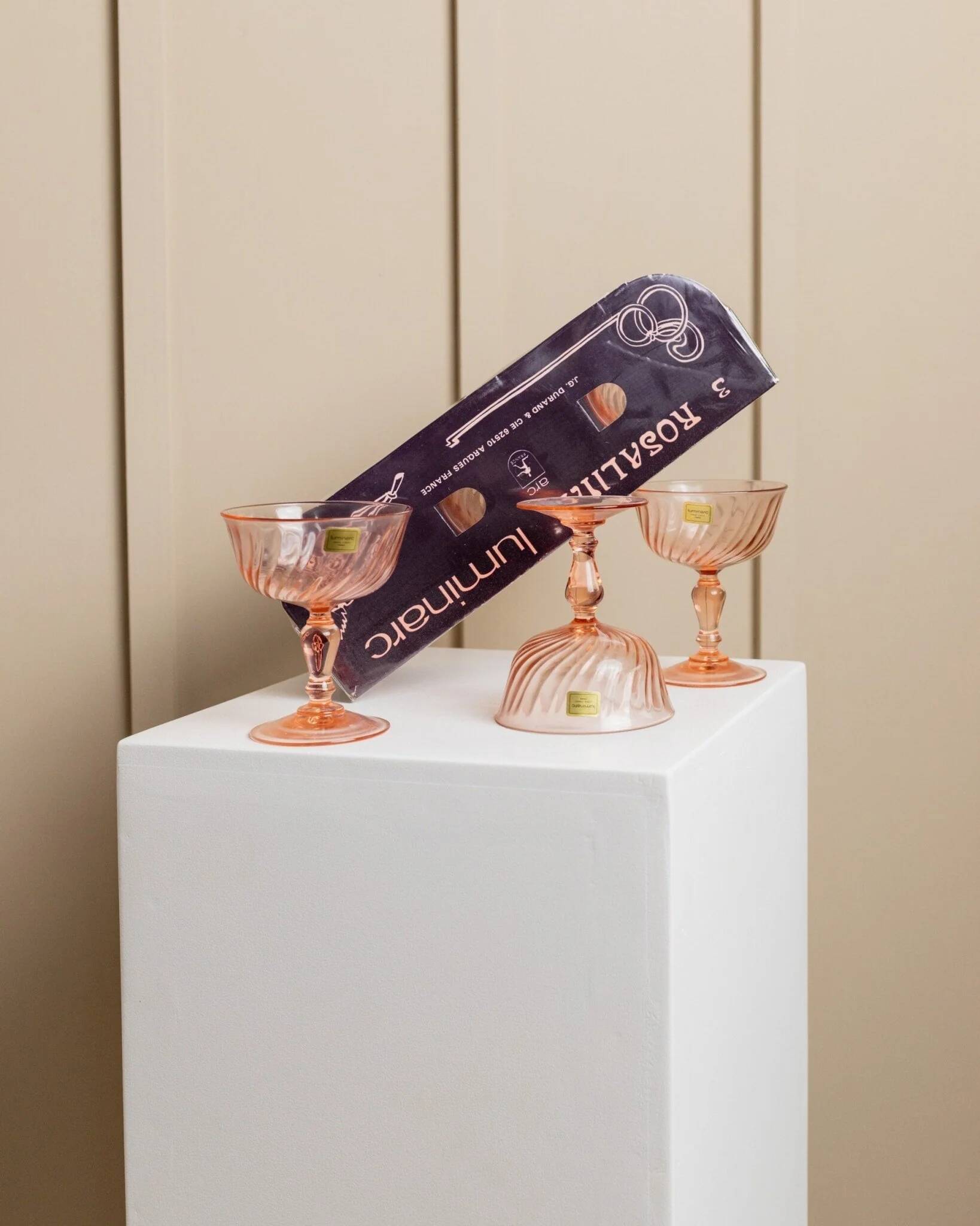 Set of 6 apricot Luminarc Rosaline coupe martini glasses in glass – vintage 1970s France with packaging