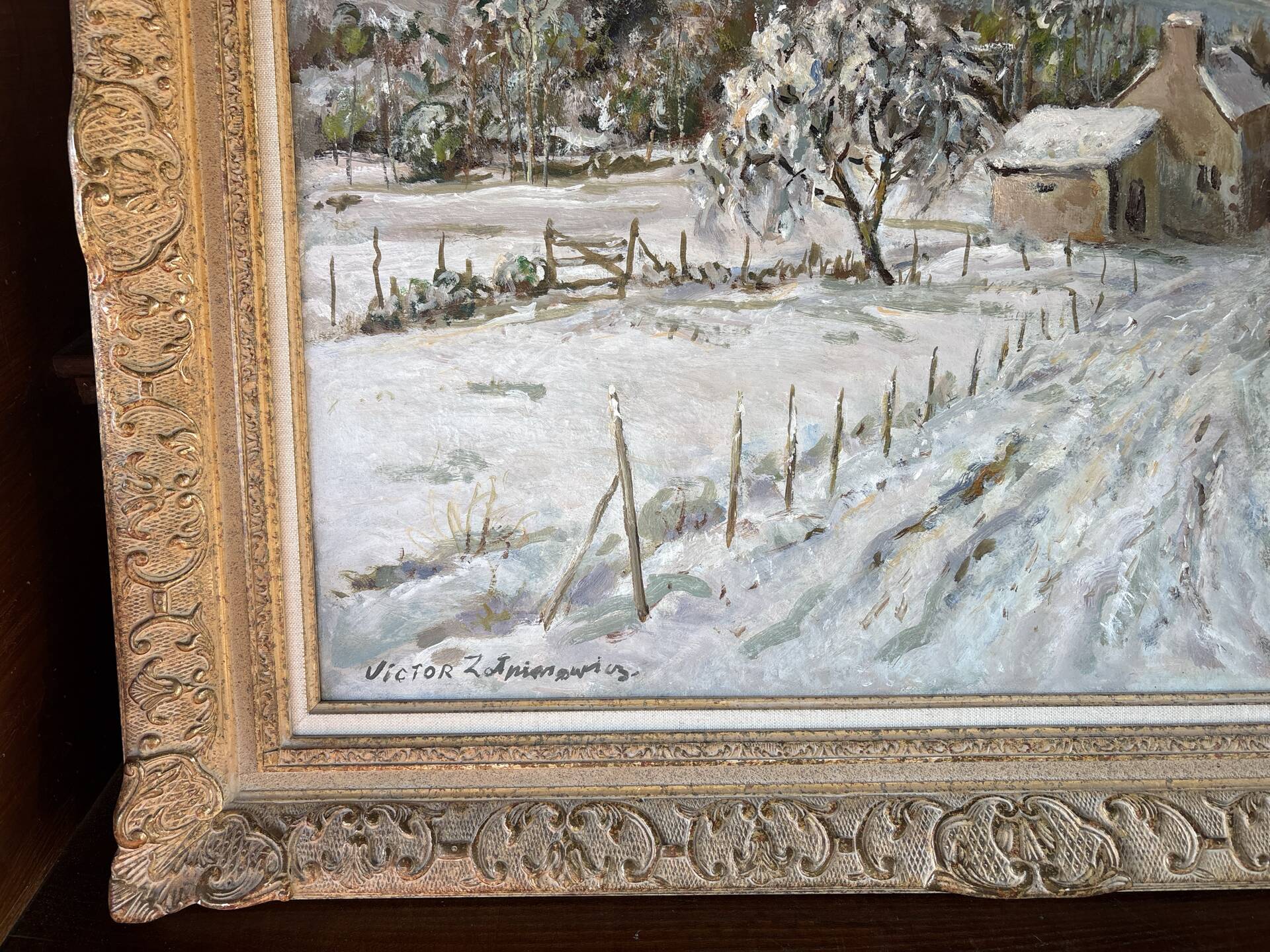 Large oil on canvas signed by Victor Zolnierowicz – Snowy landscape in