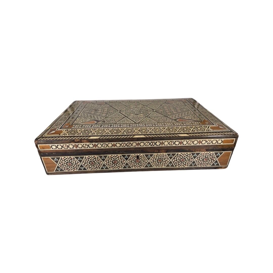 Large Persian marquetry box inlaid with its key