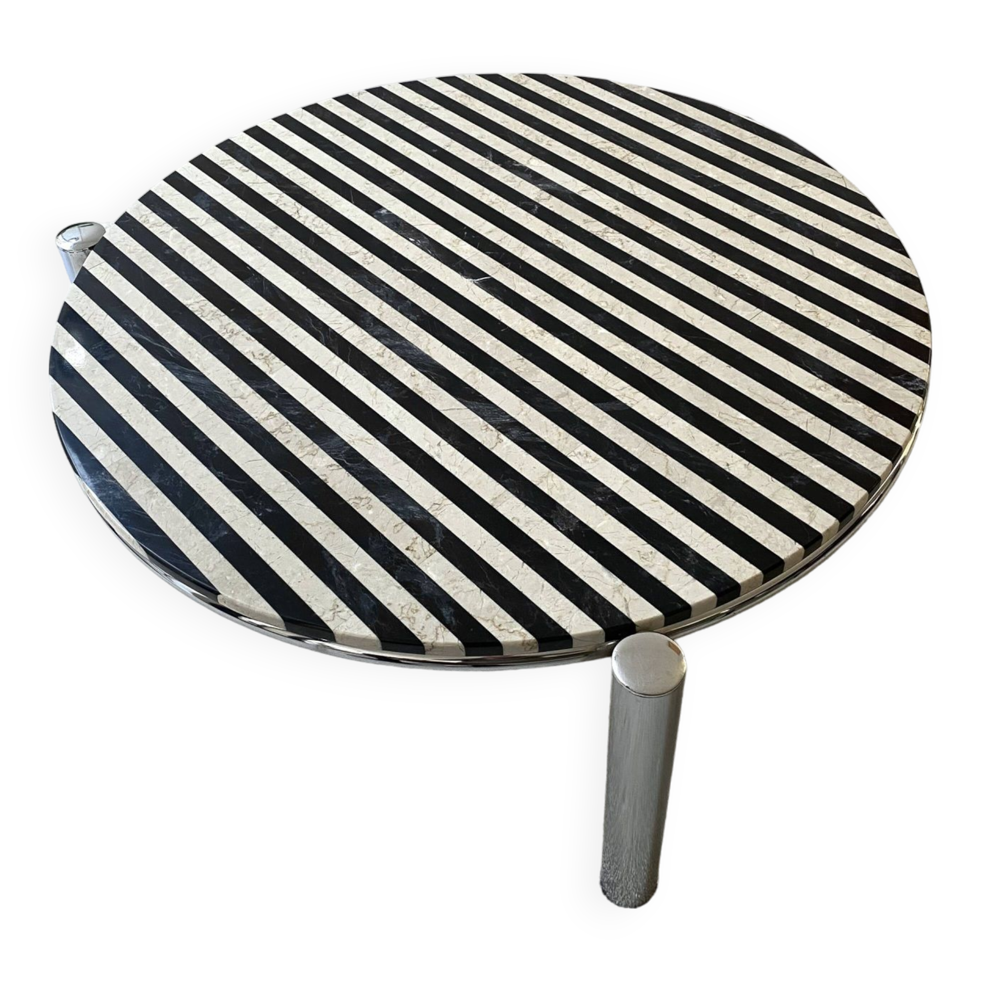 Table basse tripode, plateau en marbre crème et noir, vintage 1970