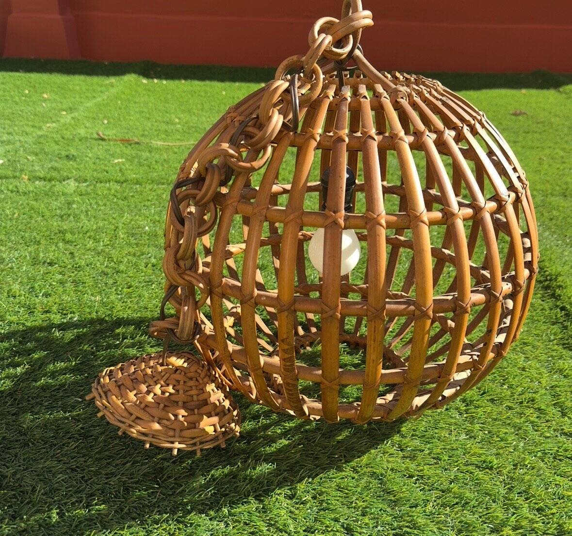 Large Italian spherical wicker pendant light, 1950s.