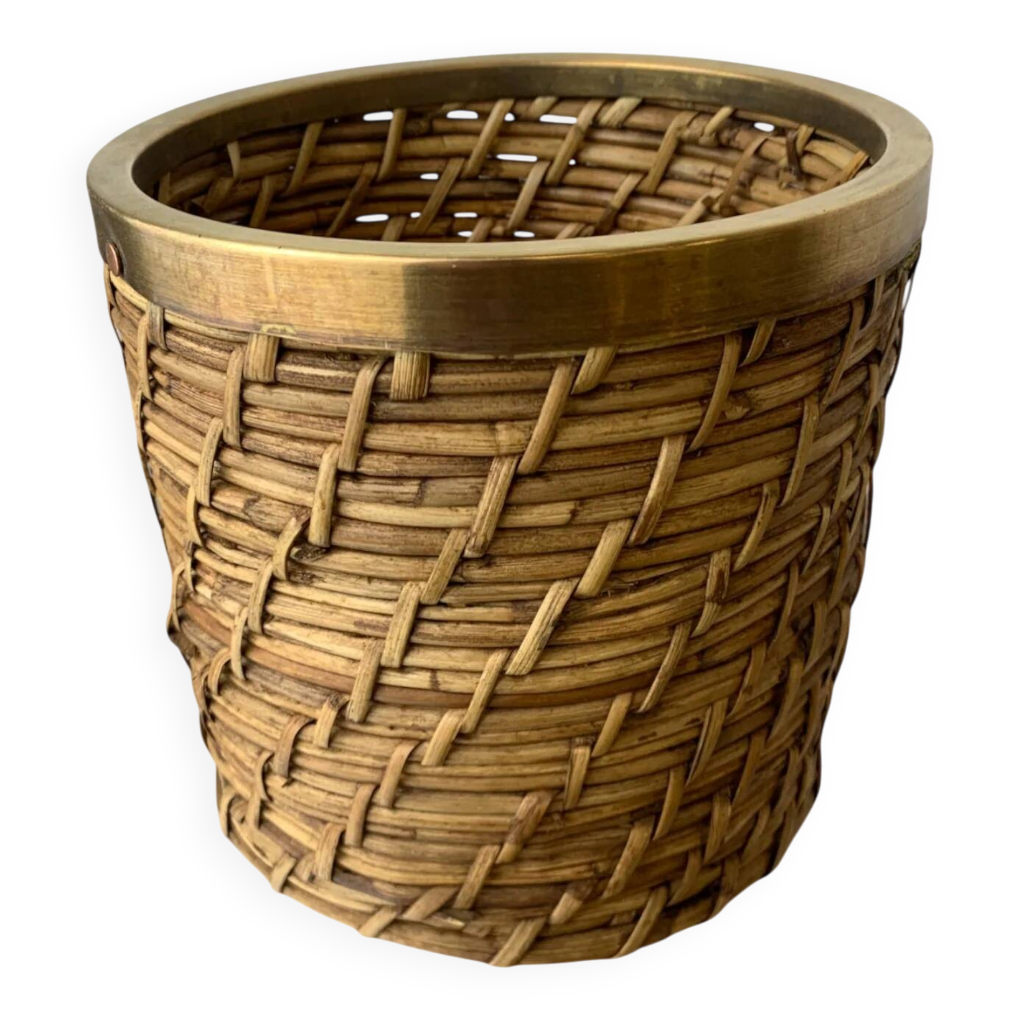 Rattan and brass basket, Italy, 1970s, 16 cm diameter