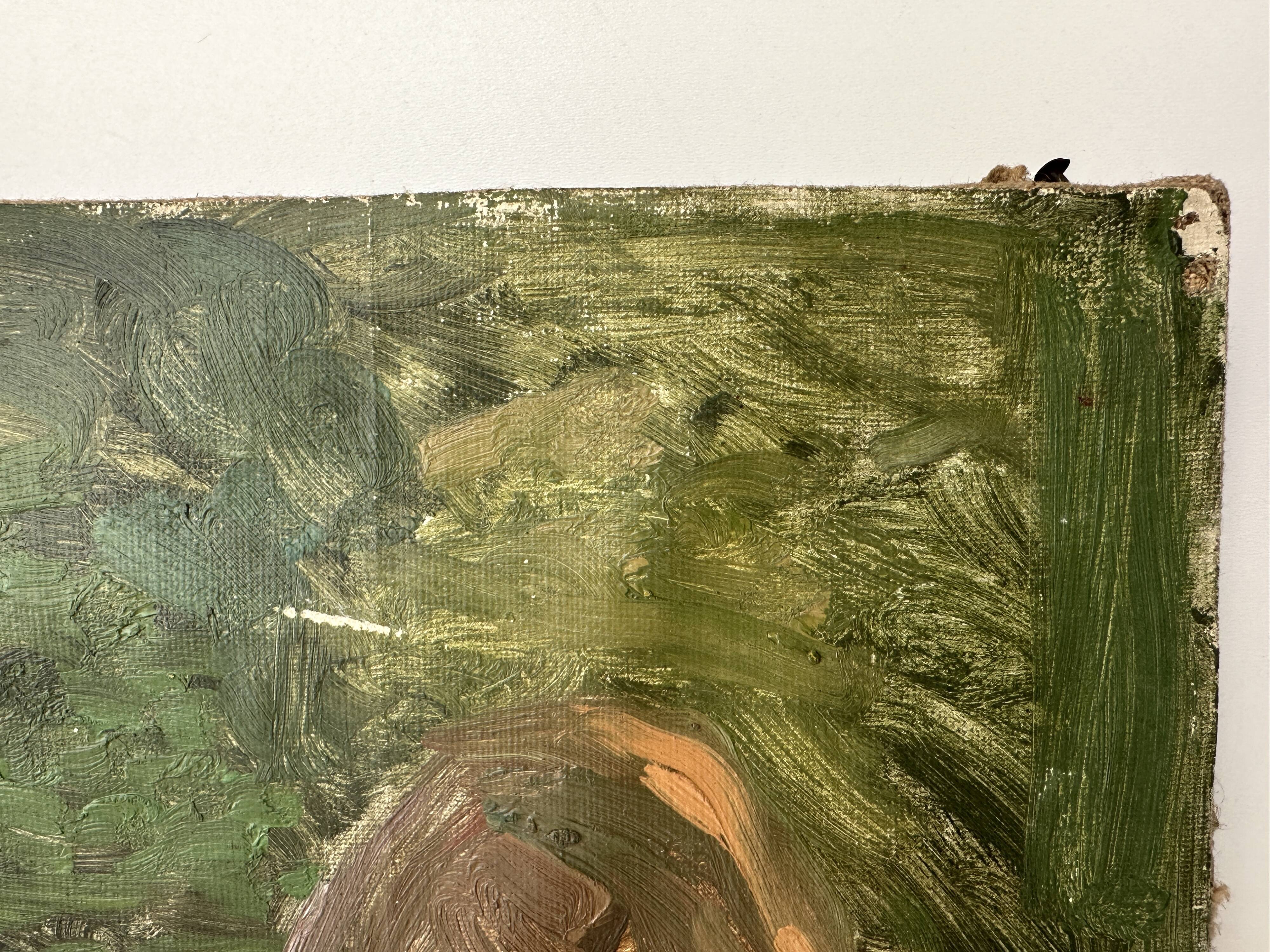 Old oil painting on canvas "The Haystacks" dated 1902.