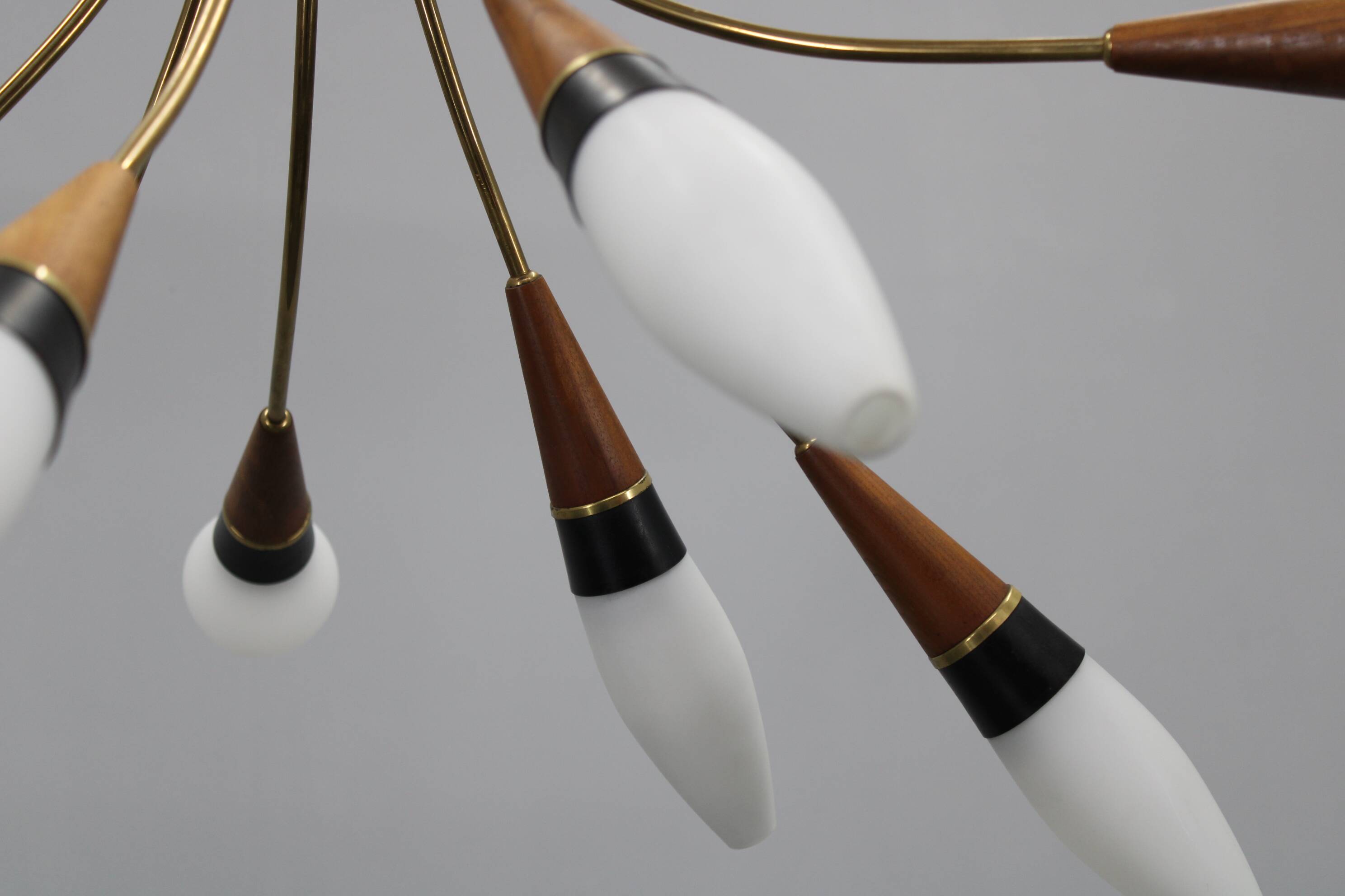 1960s Rupert Nikoll Brass and Teak Opaline Glass Chandelier, Austria