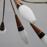 1960s Rupert Nikoll Brass and Teak Opaline Glass Chandelier, Austria