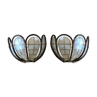 Pair wall light in rattan and mother-of-pearl