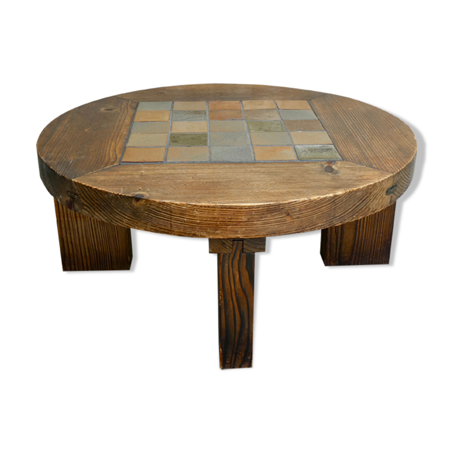 Round Coffee Table In Pine And Sandstone Tiles 60s Selency