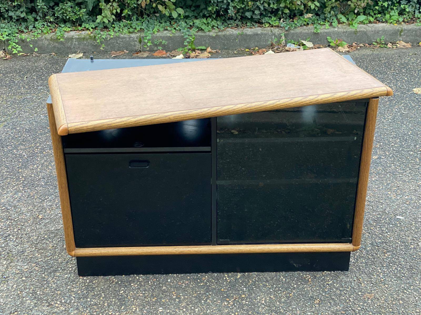 Vintage wood and black glass TV cabinet buffet