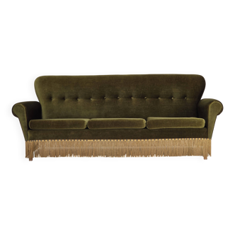 1970s, Danish 3-seater sofa, green furniture velour, ash wood legs.