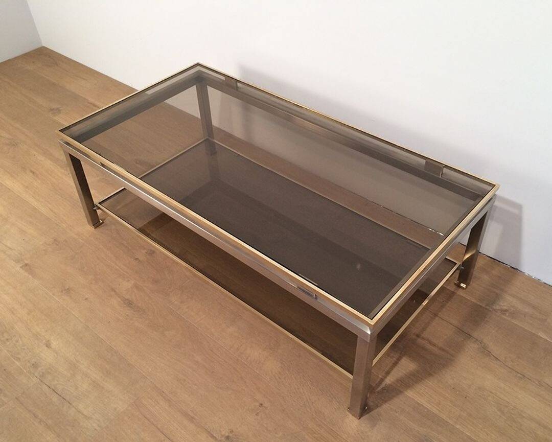 Coffee Table with Double Top in Brushed Steel and Brass, Guy Lefèvre for Ma