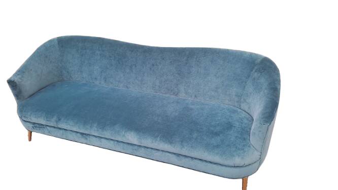 Blue velvet rounded canapé design 214 cm Art Deco style – as new KAOLIN