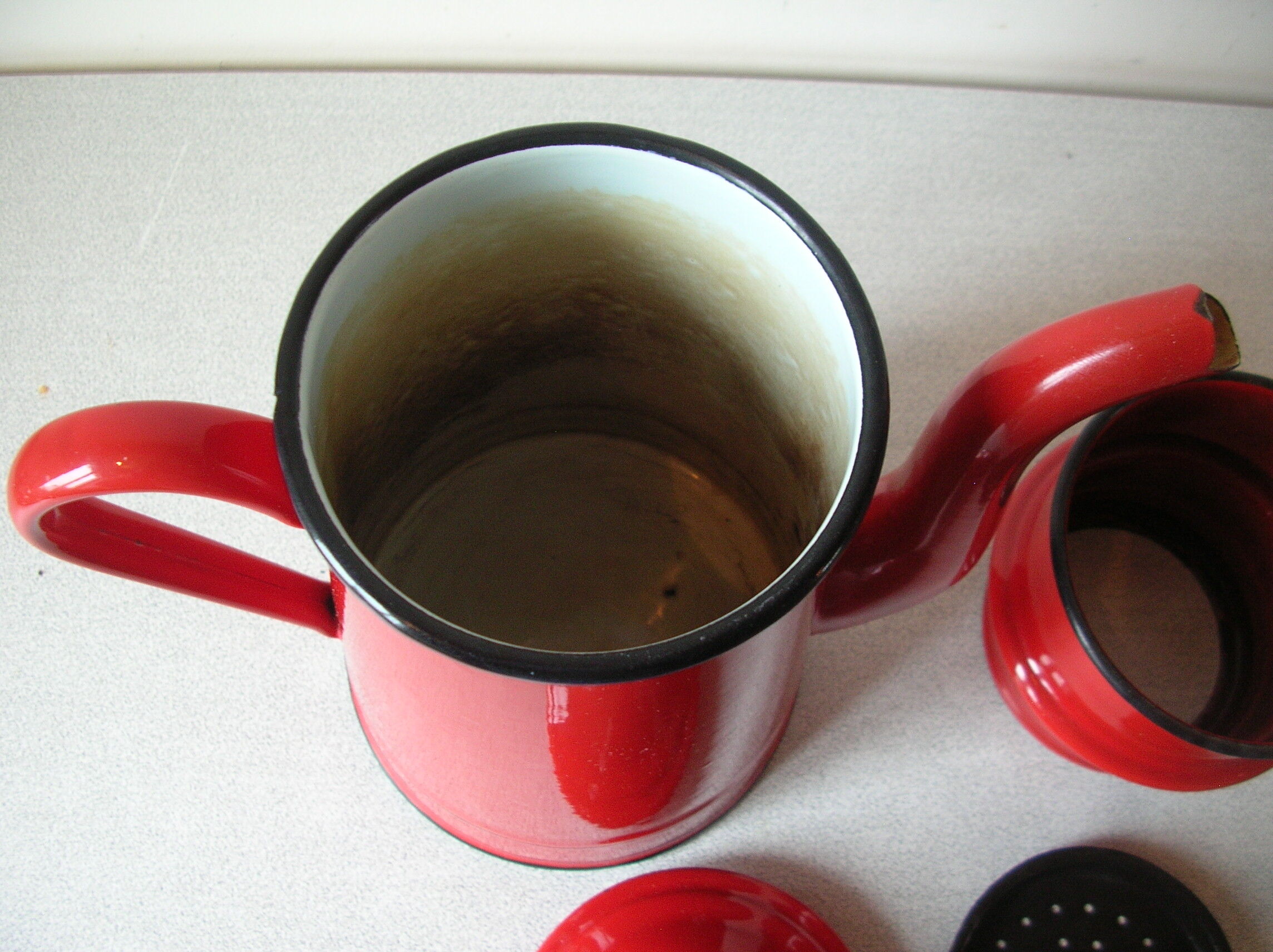 Old red enamelled coffee maker 27 cm deco retro kitchen farm countryside