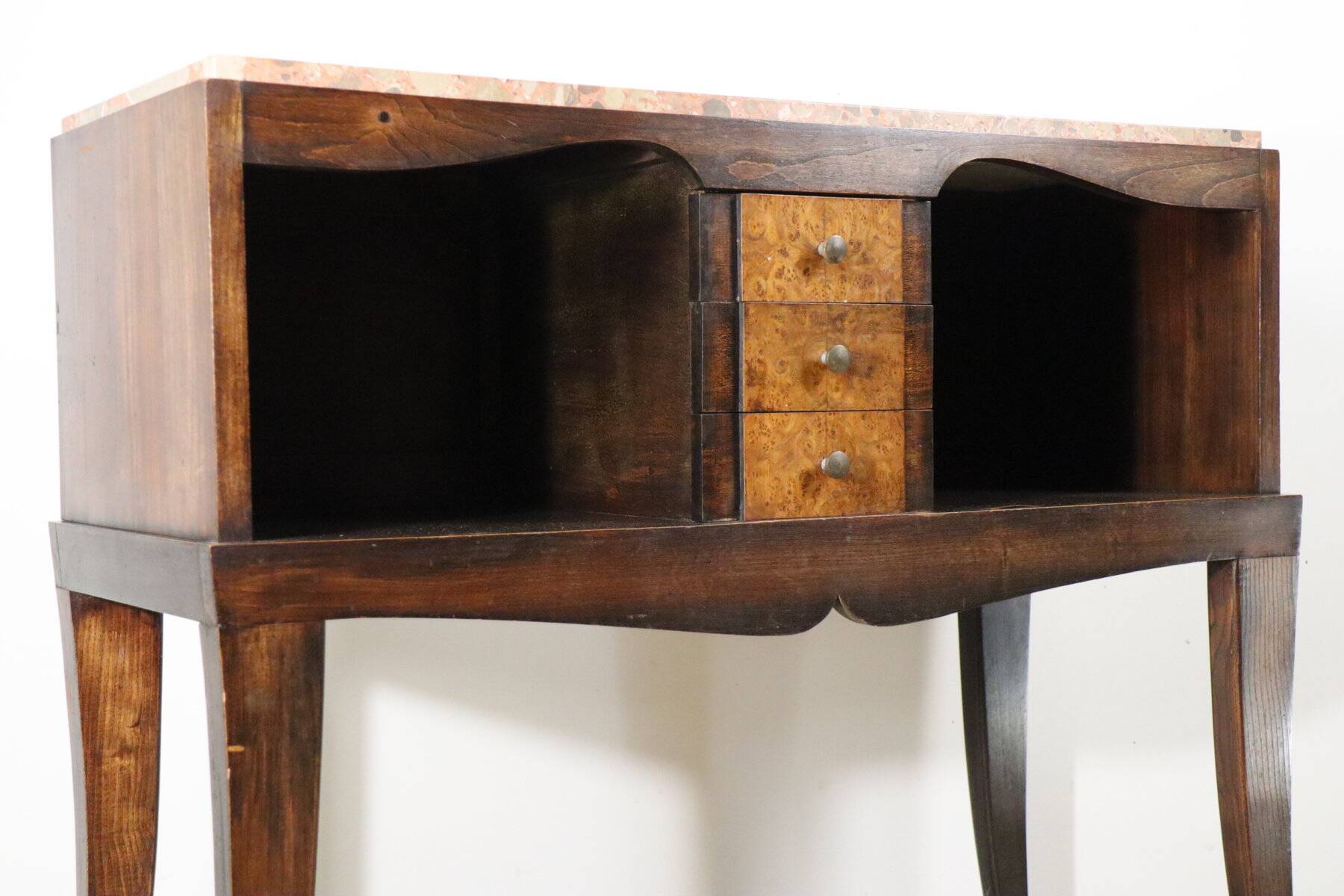 Vintage wooden and marble console table – classic style curved legs, 1950s
