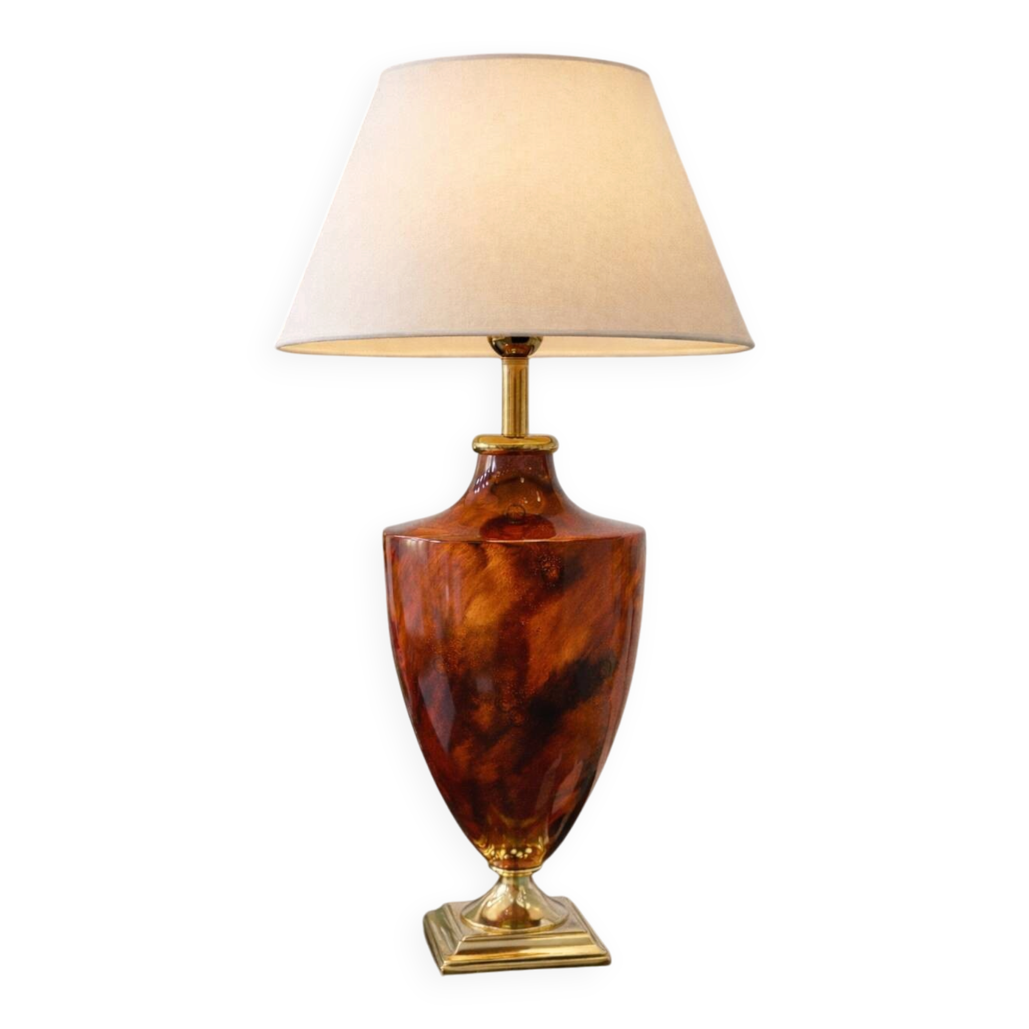 Vintage table lamp in amber glass and brass – 1970s