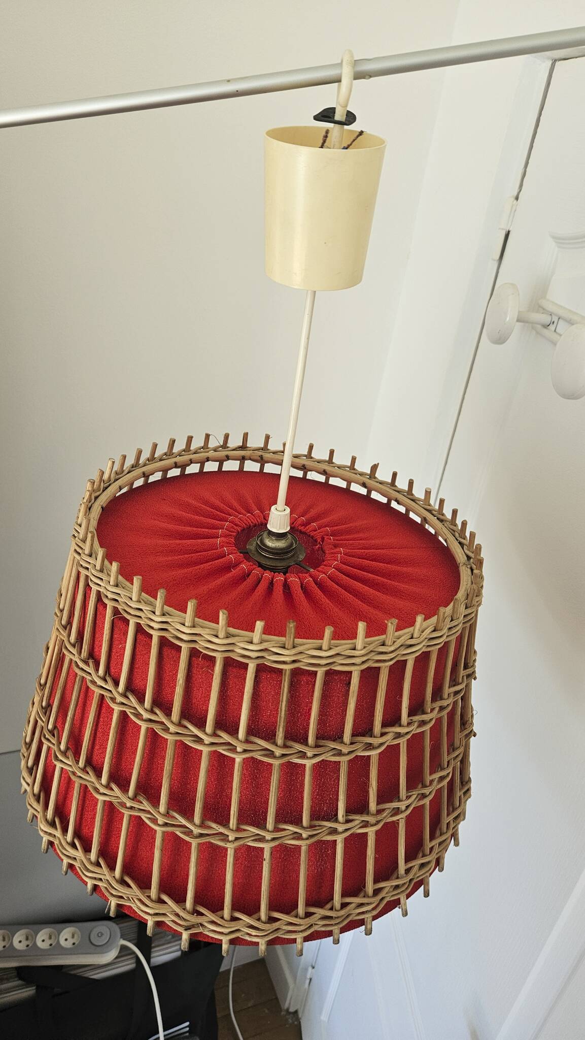 Vintage rattan pendant light - red fabric interior shade from the 60s