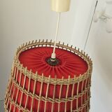 Vintage rattan pendant light - red fabric interior shade from the 60s