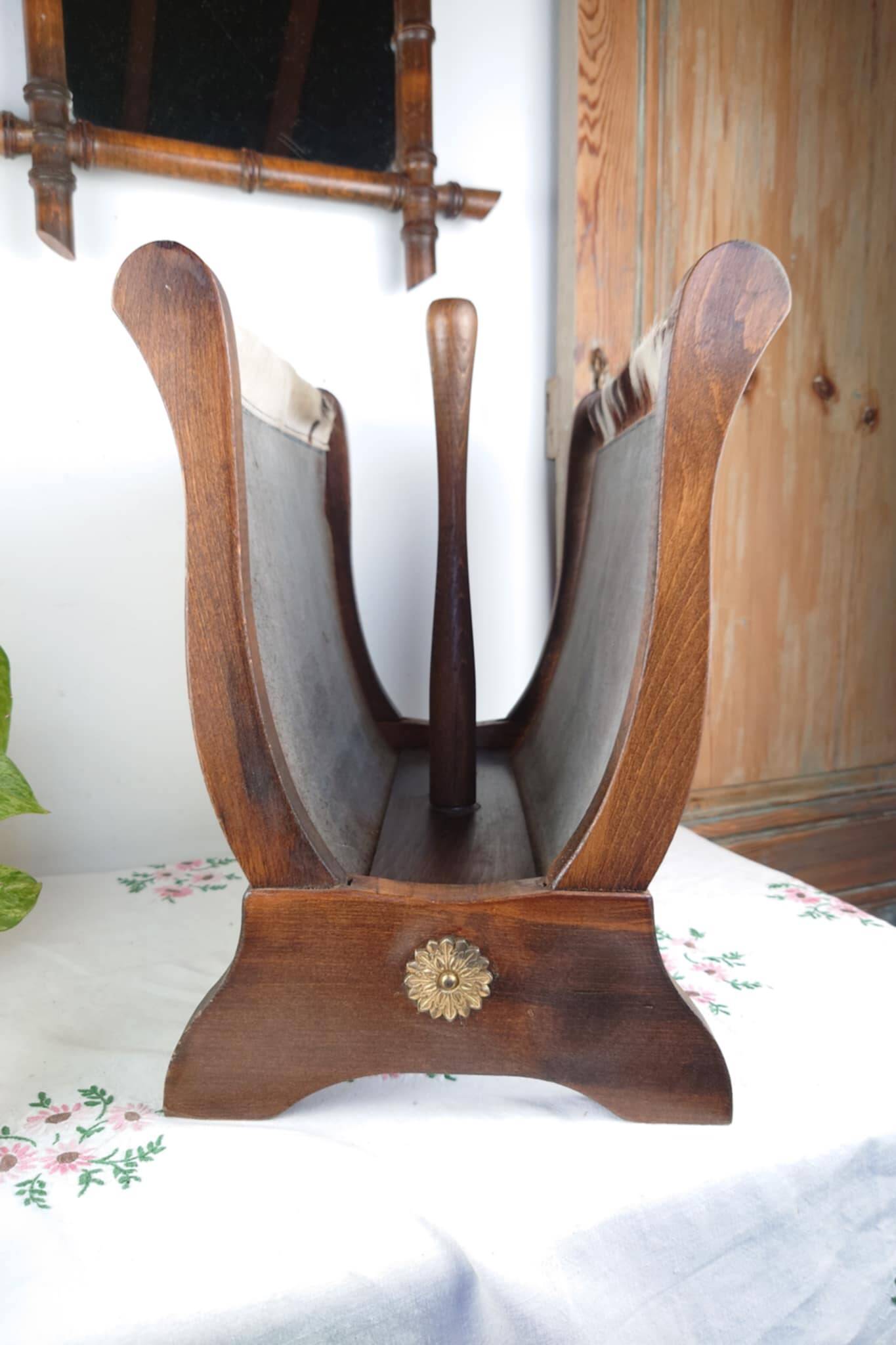 Vintage magazine rack wood and natural leather 37x39.5x26 cm 1.76 kg