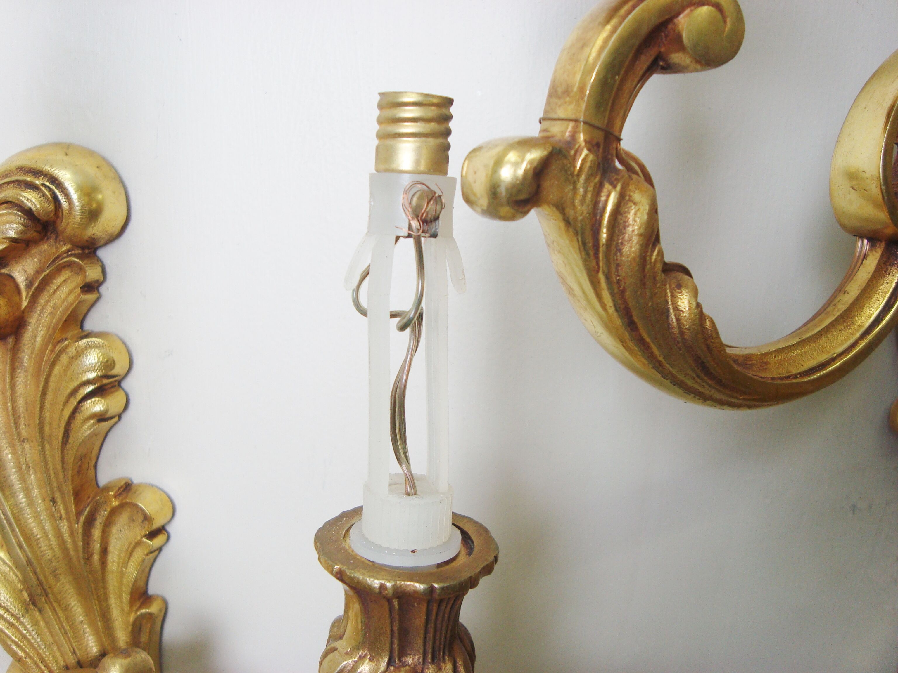 Pair of Lucien Gau bronze wall lamps with three arms Rockery style