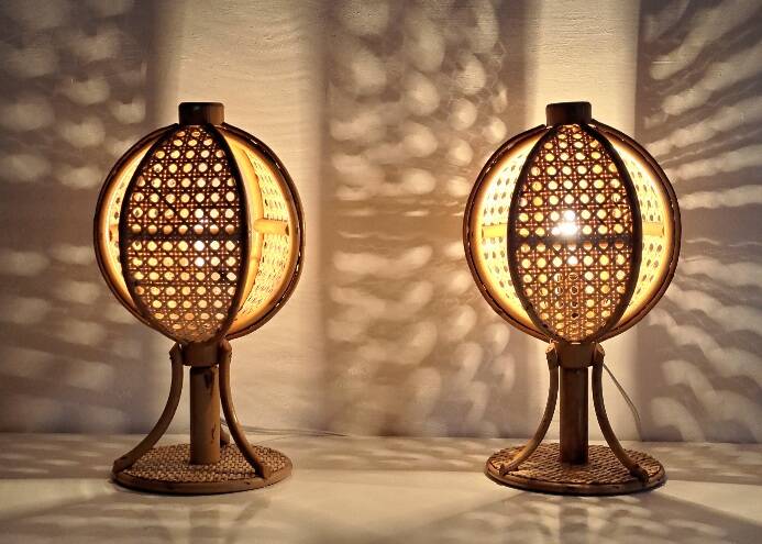 Pair of cane and bamboo lamps