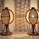 Pair of cane and bamboo lamps