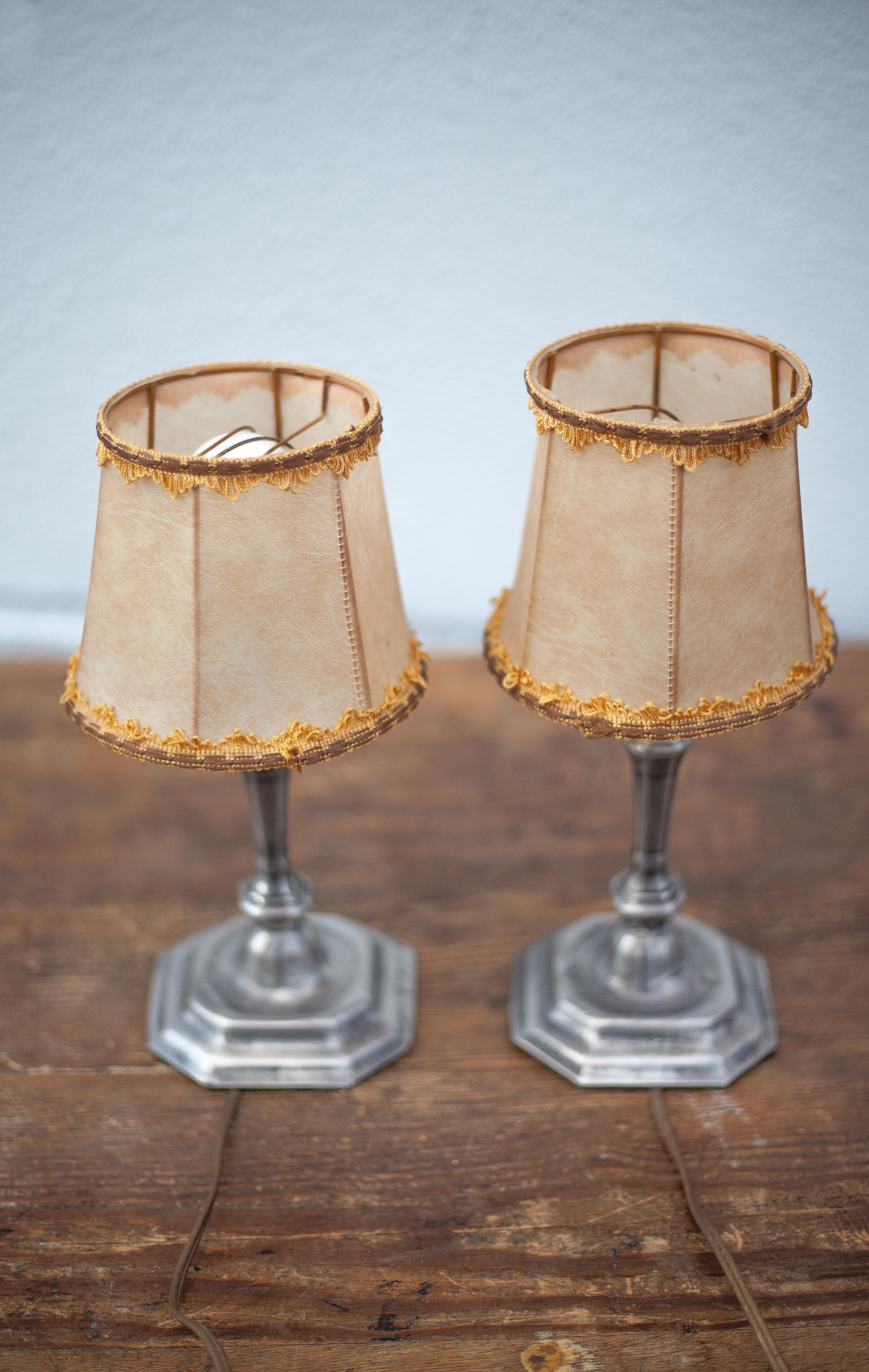 Vintage lamp pair, bedside lamp, tin lamp stand with lampshade, interior décor