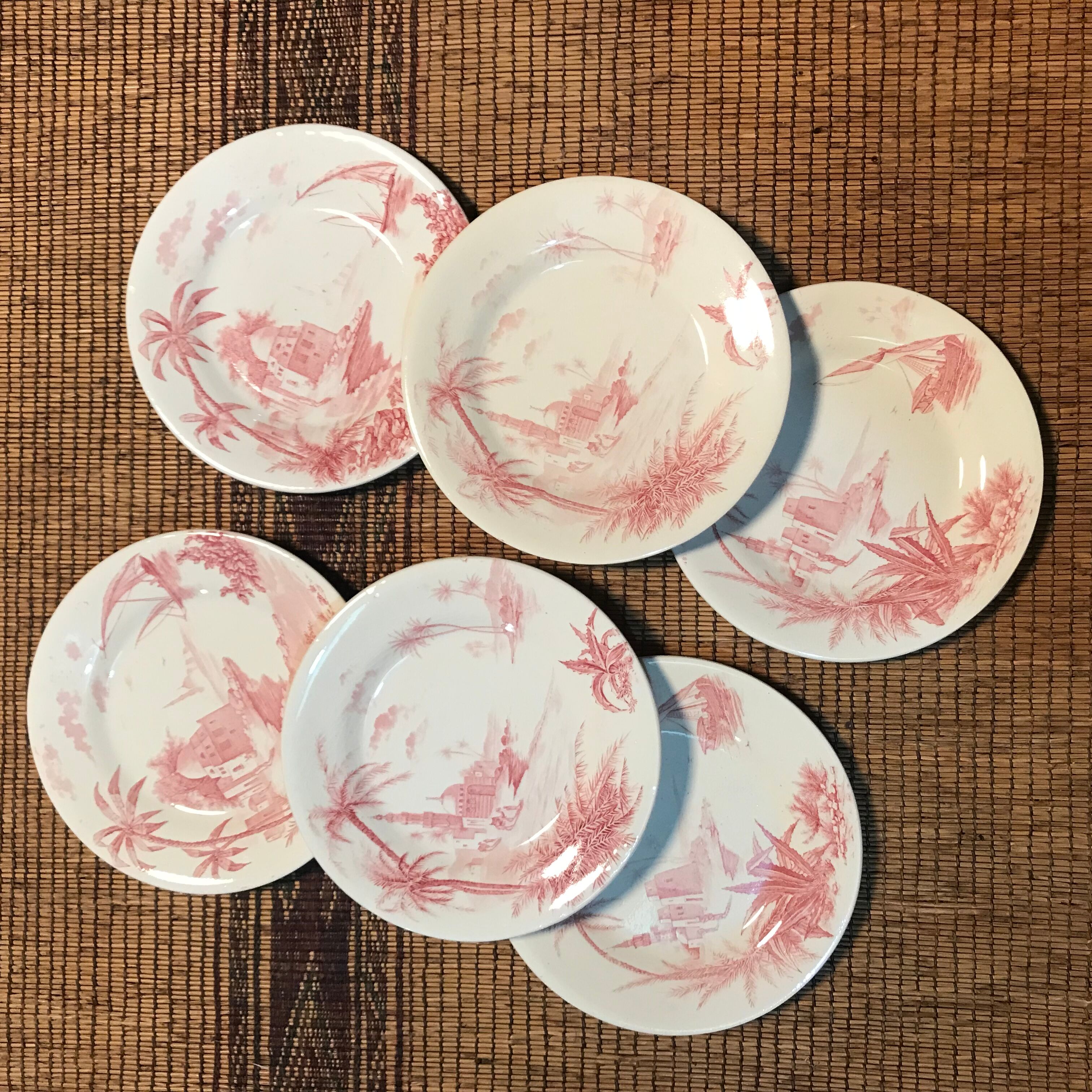 6 vintage pink Shabby dessert plates seen from the east