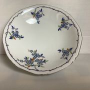 Old shower tray with silver trim and forget-me-not flowers.