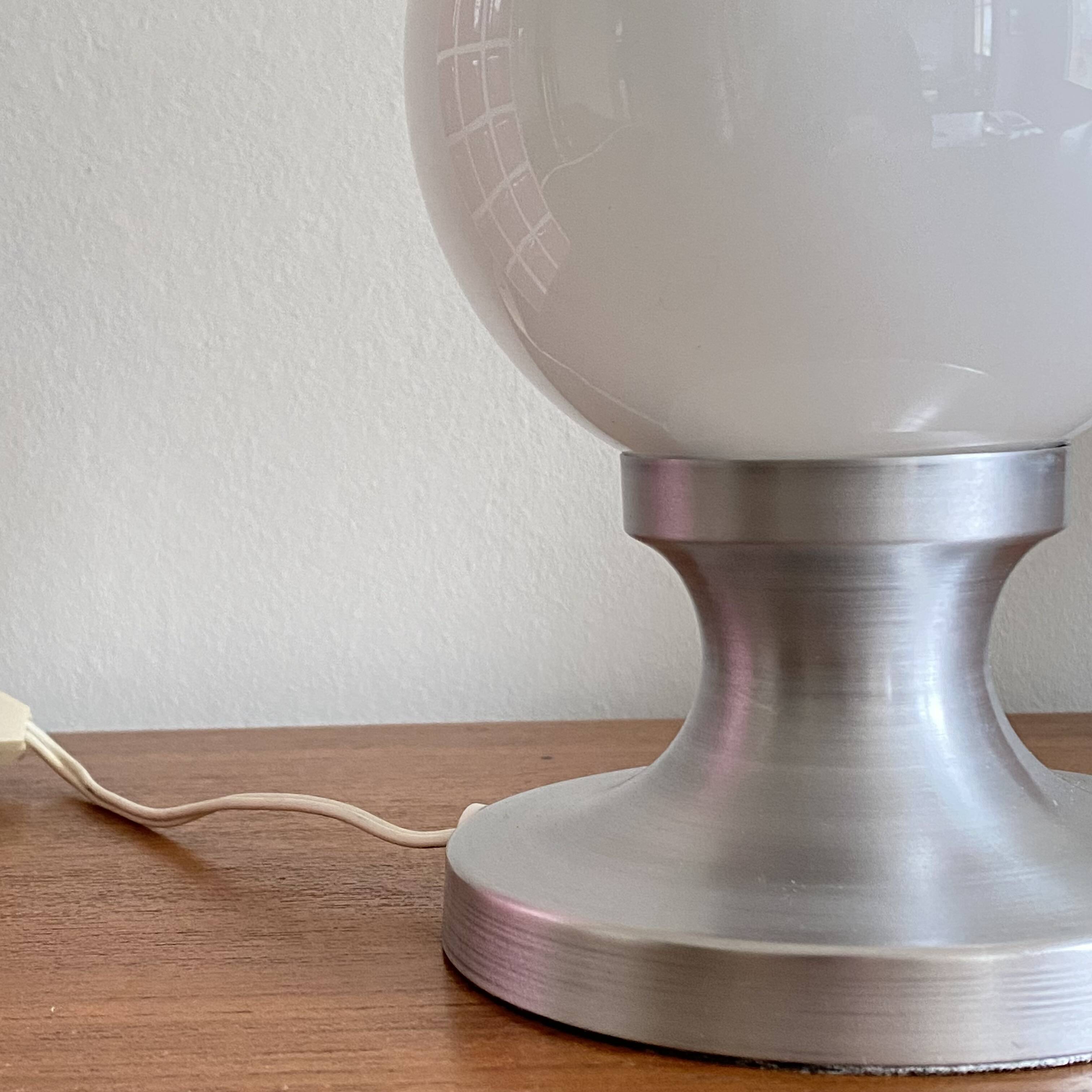 Small vintage table lamp in aluminum and white opaline glass globe LAMP-7362