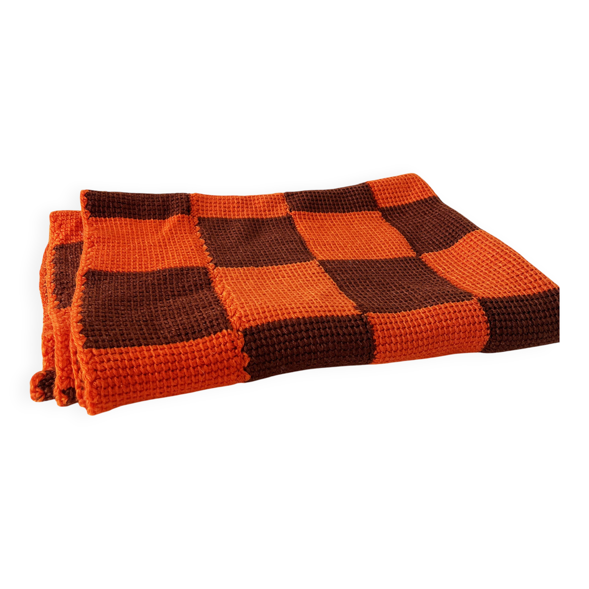 Vintage hand-knitted wool vichy blanket 110x88.