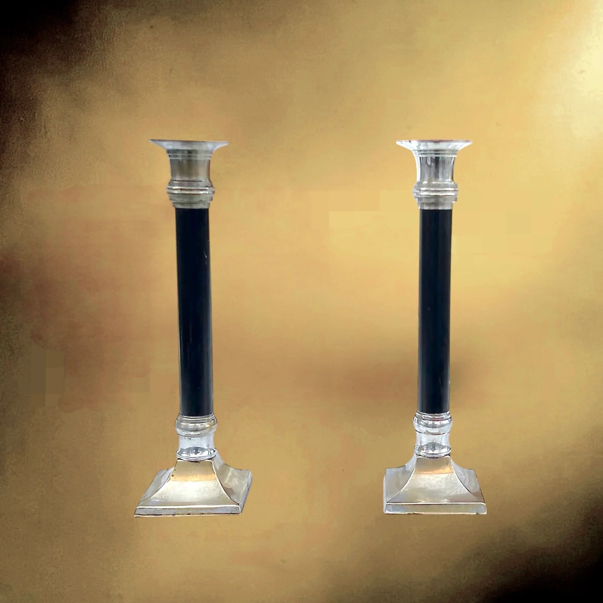 Pair of Art Deco candlesticks in nickel-plated metal and black column – 1930s