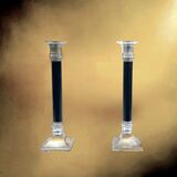 Pair of Art Deco candlesticks in nickel-plated metal and black column – 1930s