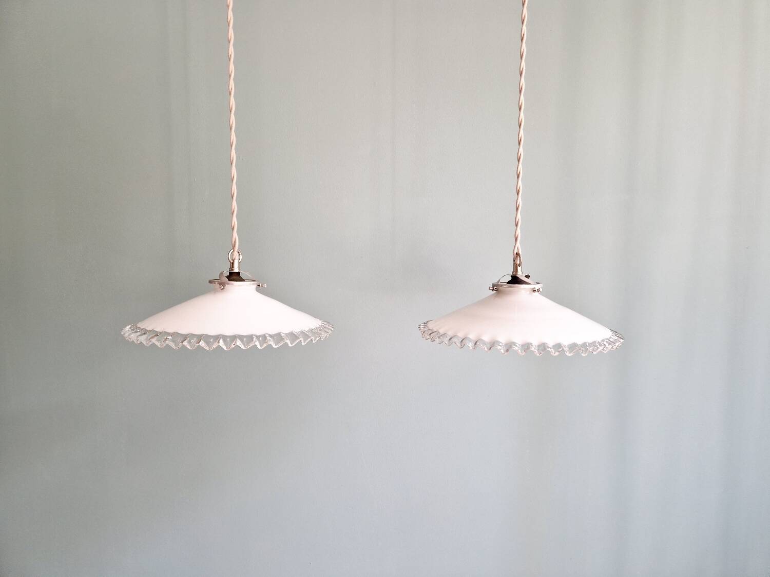 Pair of Art Deco pendant lights in scalloped white opaline, 1920-30