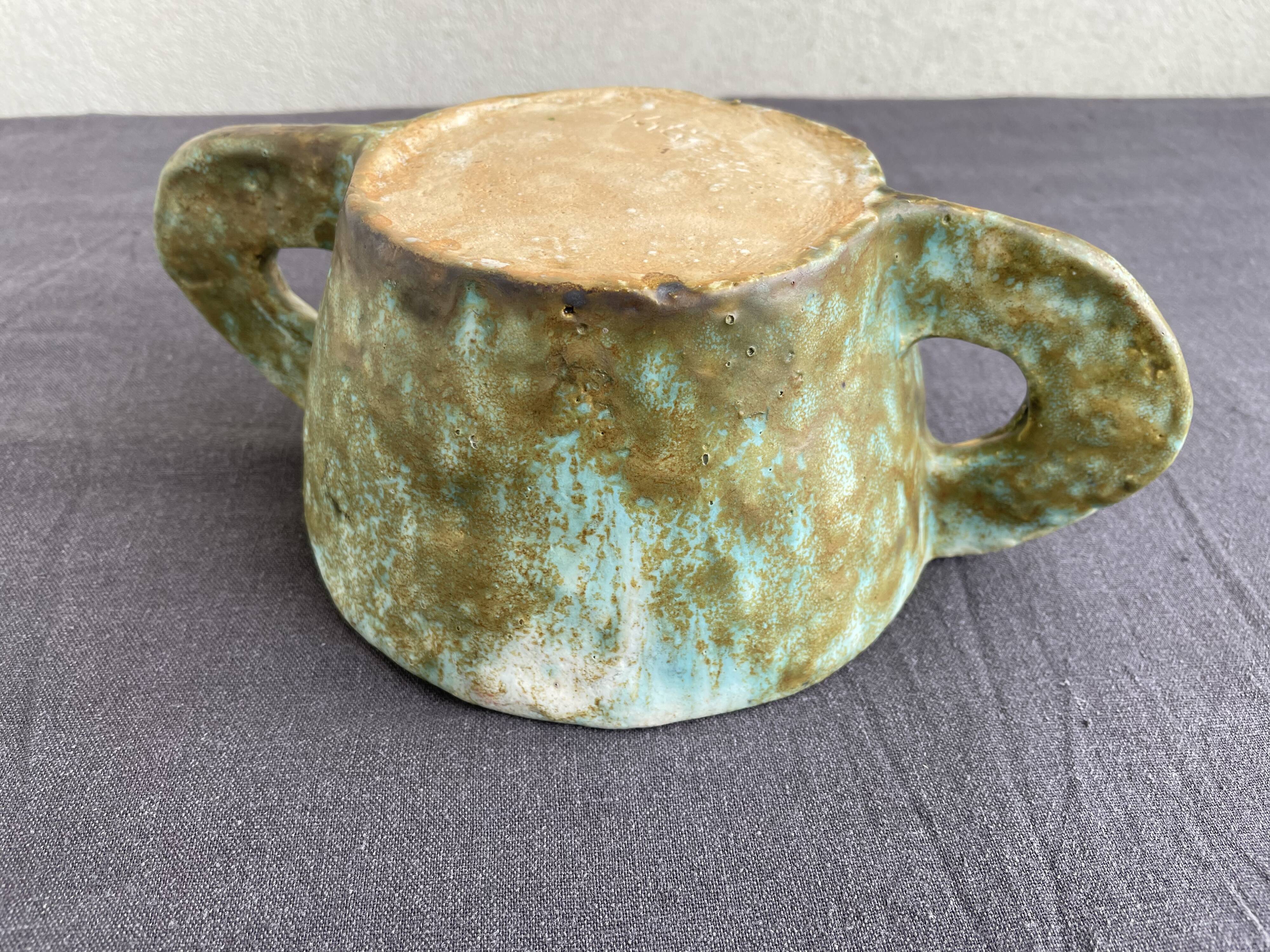 Stoneware bowl with handles, signed handmade ceramic.