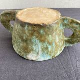 Stoneware bowl with handles, signed handmade ceramic.