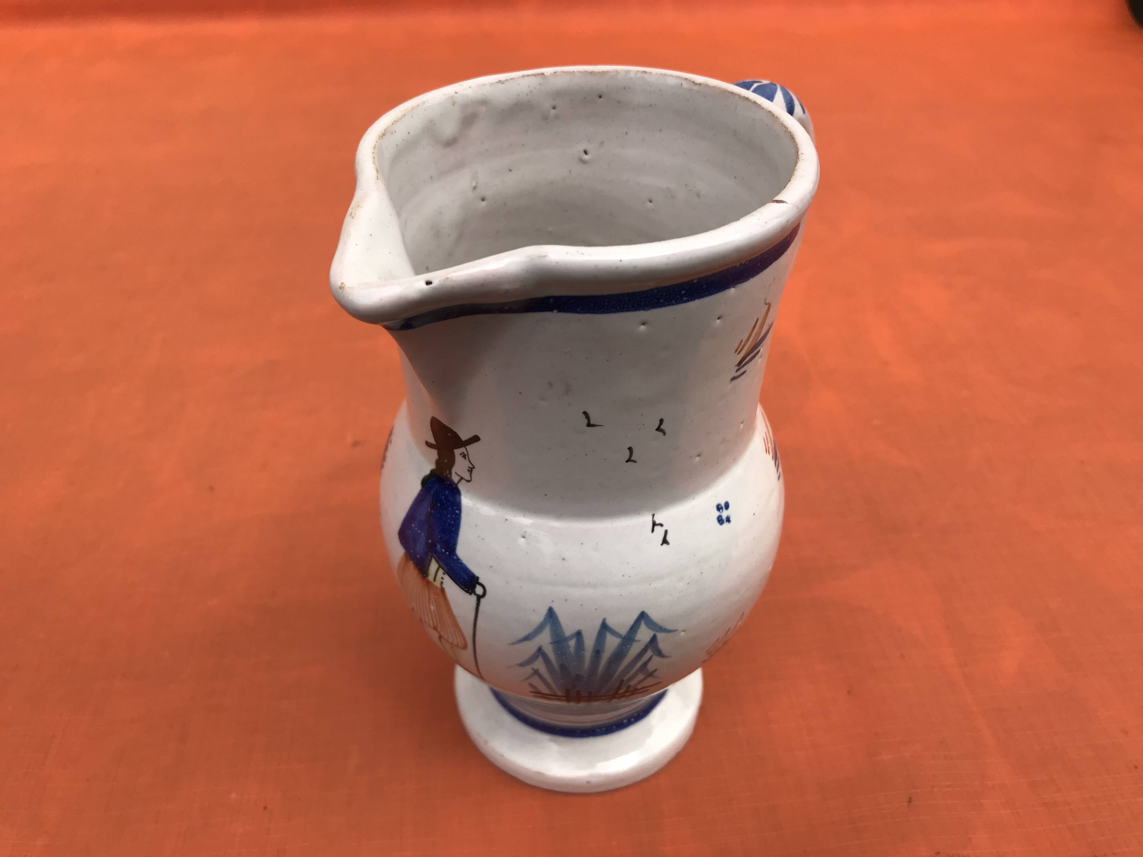 Old pitcher with Breton decoration, Quimper earthenware, HB Quimper